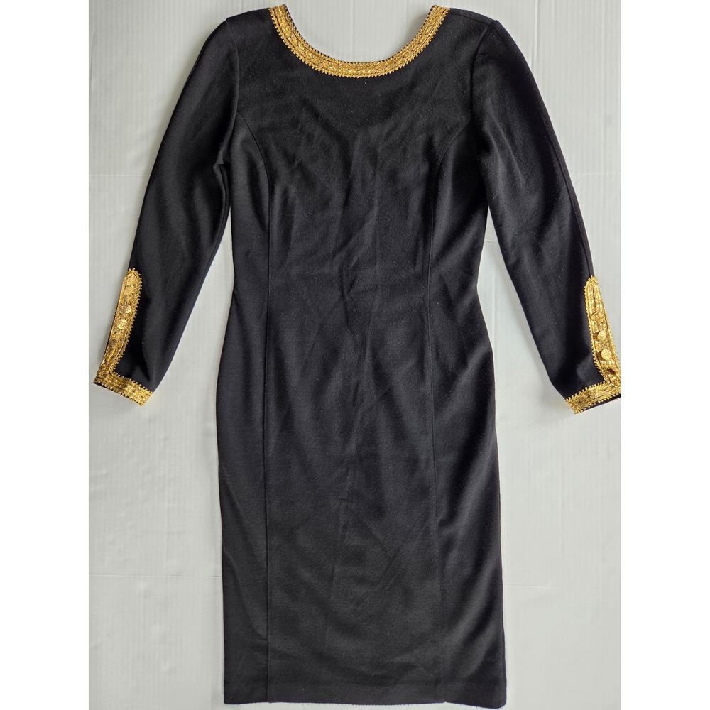 Adrienne Vittadini Sheath Dress Womens 4 Black Gold Trim Vintage 80s 90s Wool